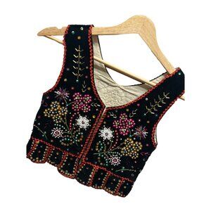 Embroidered Kids Vest - Black with Multicolor Floral Design